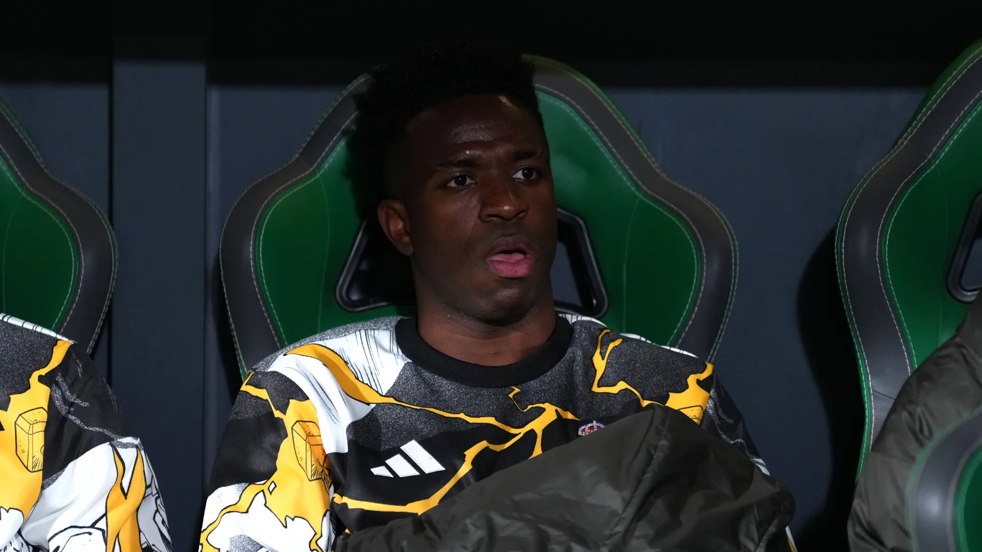 Vinicius Junior of Real Madrid in the subs bench against Elche.