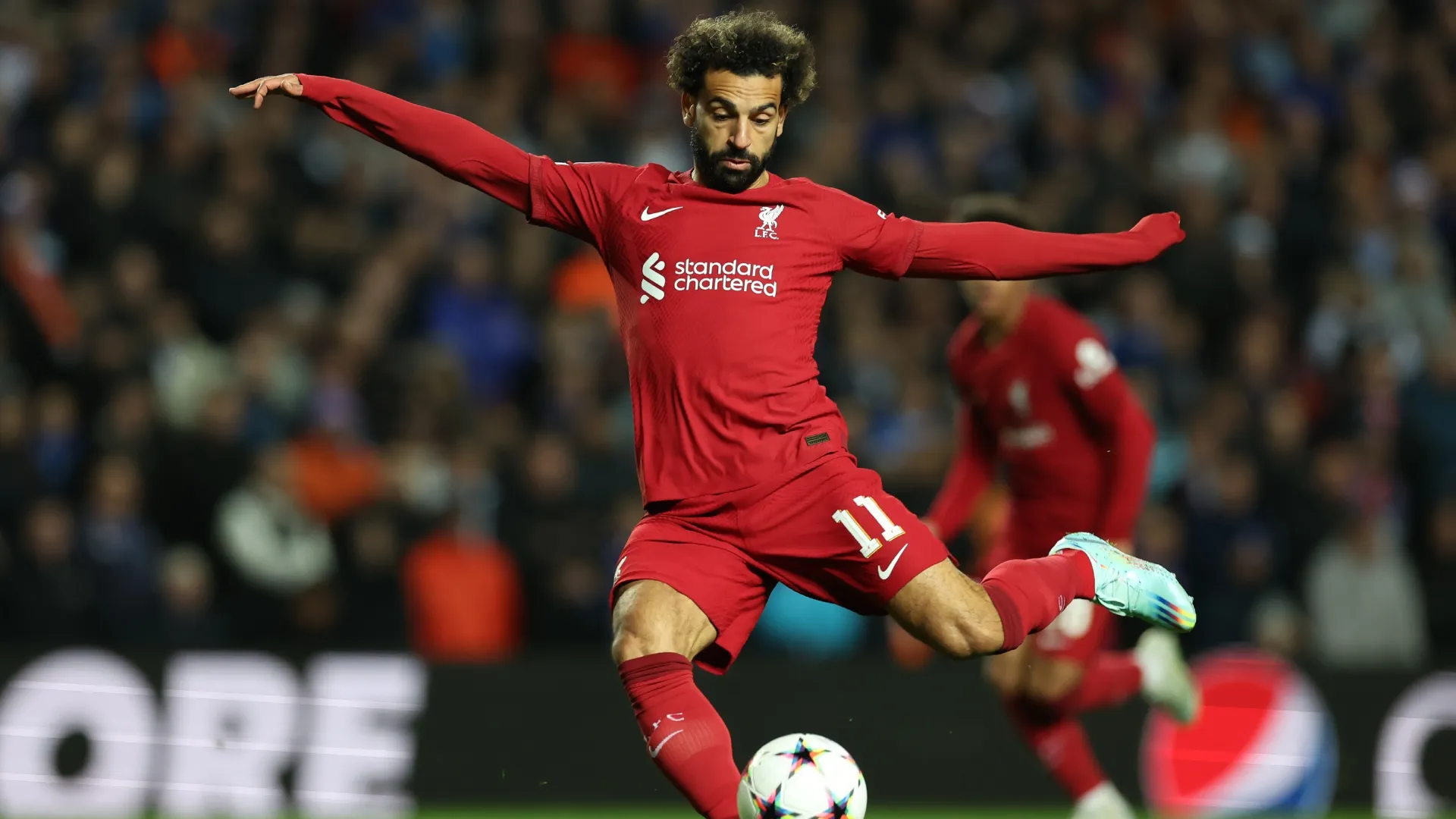 Mohamed Salah of Liverpool shoots at goal against Rangers.