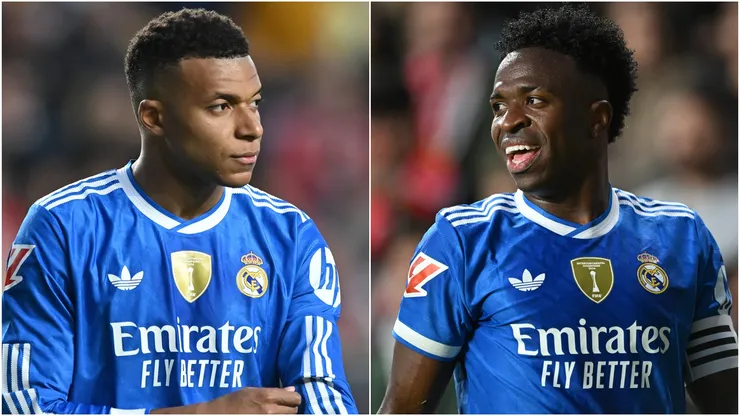 Kylian Mbappe (L) and Vinicius Junior (R) of Real Madrid.
