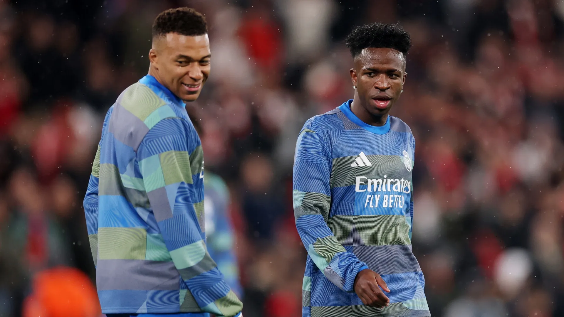 Kylian Mbappe and Vinicius Junior of Real Madrid warming up against Liverpool.
