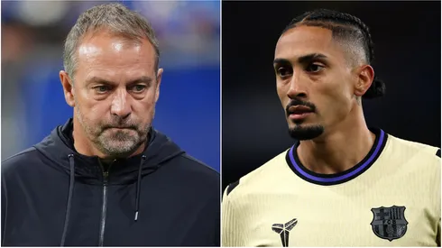 Head Coach Hansi Flick (L) and Raphinha (R) of FC Barcelona.