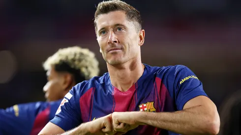 Robert Lewandowski of FC Barcelona celebrates scoring a goal.