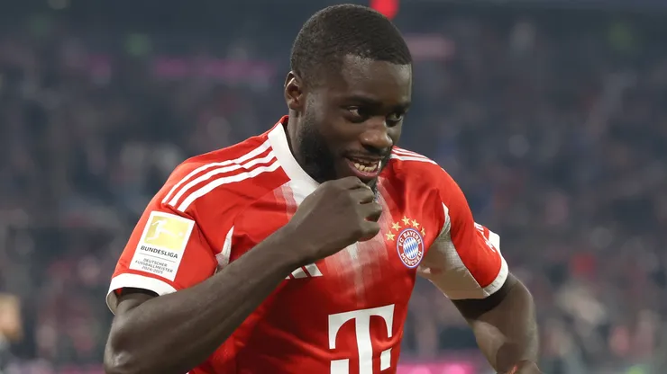 Dayot Upamecano of Bayern Munich celebrates scoring a goal.