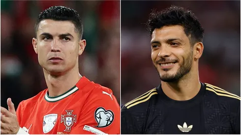 Cristiano Ronaldo of Portugal and Raul Jimenez #9 of Mexico.