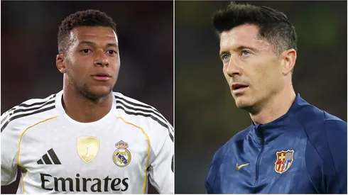 Kylian Mbappe (L) of Real Madrid and Robert Lewandowski (R) of FC Barcelona.