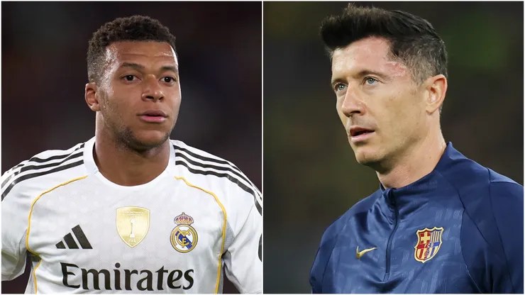 Kylian Mbappe (L) of Real Madrid and Robert Lewandowski (R) of FC Barcelona.