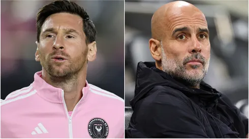 Lionel Messi #10 of Inter Miami CF and Pep Guardiola, Manager of Manchester City.