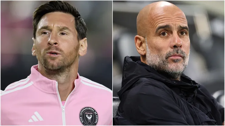 Lionel Messi #10 of Inter Miami CF and Pep Guardiola, Manager of Manchester City.