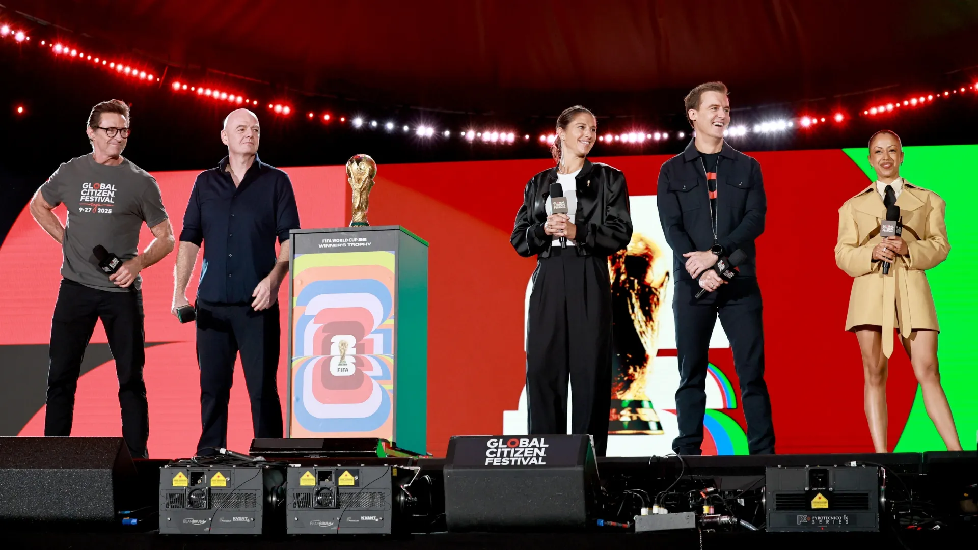  (L-R) Hugh Jackman, Gianni Infantino, Carli Lloyd, Hugh Evans and Liza Koshy speak onstage during the 2025 Global Citizen Festival.