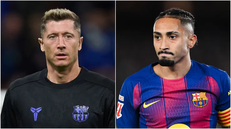 Robert Lewandowski (L) and Raphinha (R) of FC Barcelona.