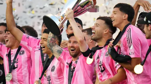 Lionel Messi #10 of Inter Miami CF lifts the Champion's trophy