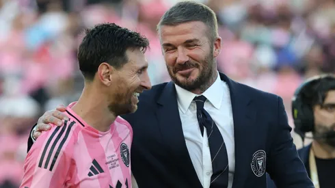 Lionel Messi #10 of Inter Miami CF greets David Beckham, co-owner of Inter Miami CF.