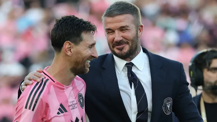 Lionel Messi #10 of Inter Miami CF greets David Beckham, co-owner of Inter Miami CF.