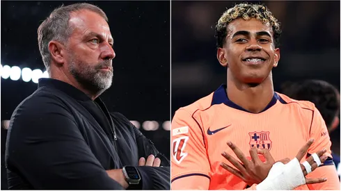 Hansi Flick, Head Coach of FC Barcelona, and Lamine Yamal celebrating a goal.