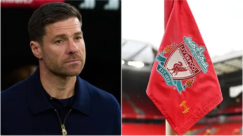 Xabi Alonso, Head Coach of Real Madrid and Liverpool's logo in a corner flag.