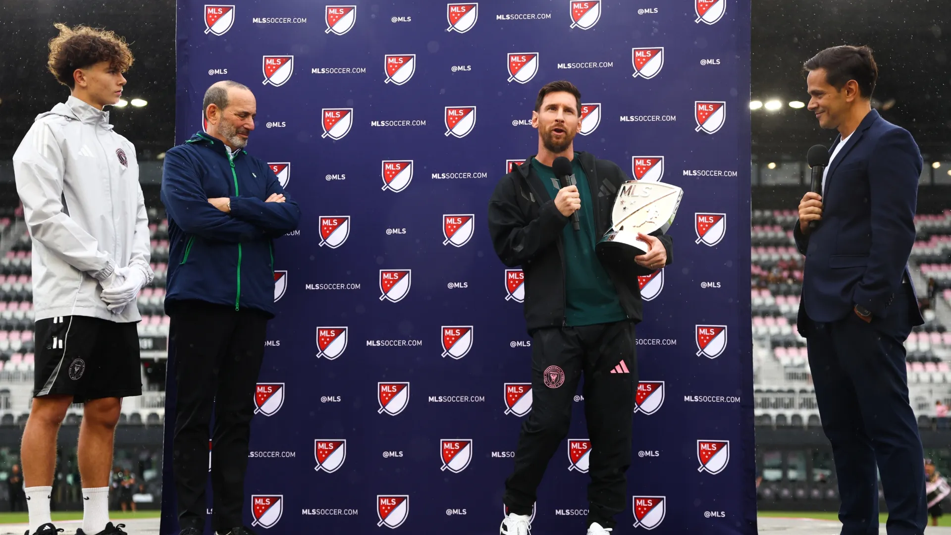 Lionel Messi #10 of Inter Miami CF speaks after receiving the 2025 Landon Donovan MLS MVP trophy at Chase Stadium.