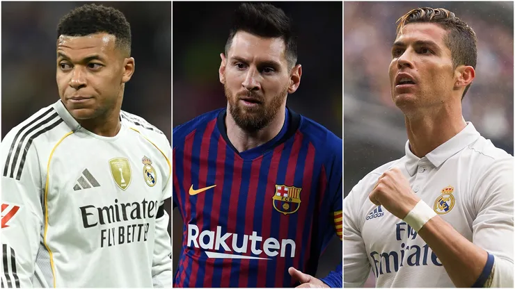 Kylian Mbappe of Real Madrid, Lionel Messi of FC Barcelona and Cristiano Ronaldo of Real Madrid.
