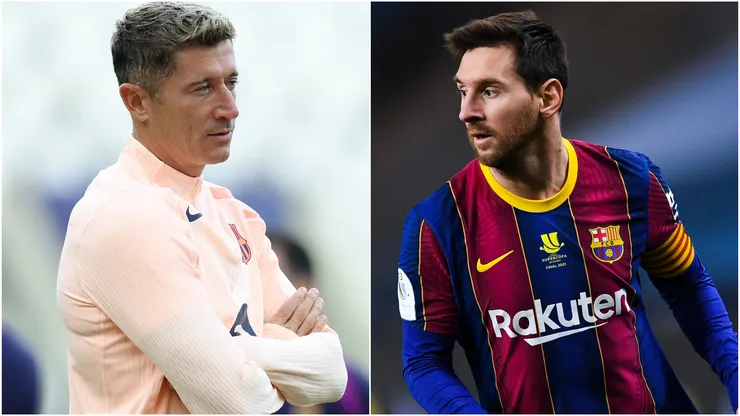 Lionel Messi and Robert Lewandowski playing for Barcelona.
