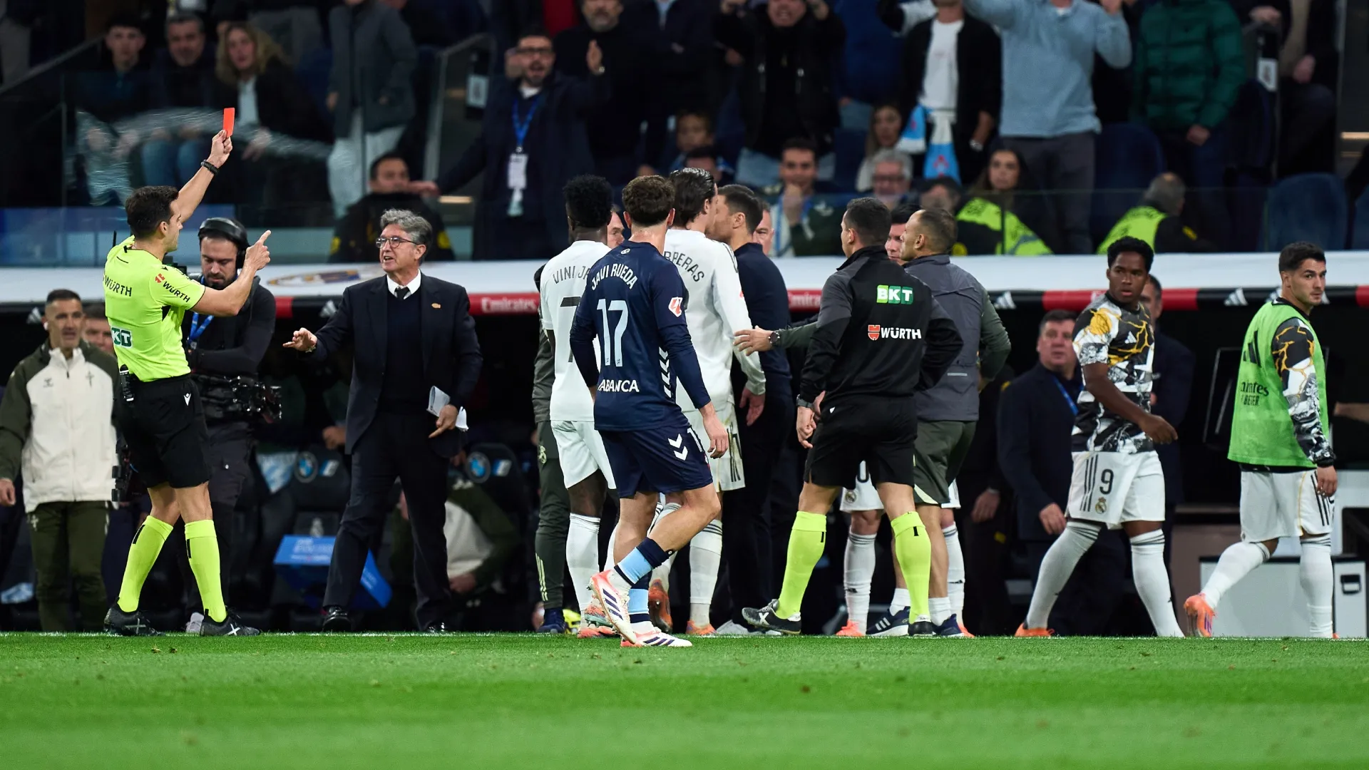 Endrick of Real Madrid is shown a red card by referee, Alejandro Quintero during the match against Celta Vigo.