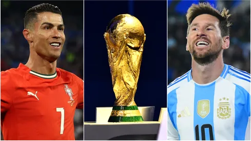 Cristiano Ronaldo (left), the World Cup trophy (center), and Lionel Messi (right)