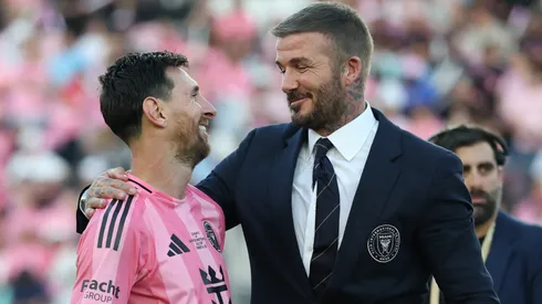 Lionel Messi #10 of Inter Miami CF greets David Beckham