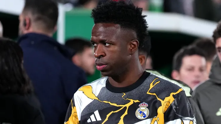 Vinicius Junior of Real Madrid looks on prior to the LaLiga EA Sports match.