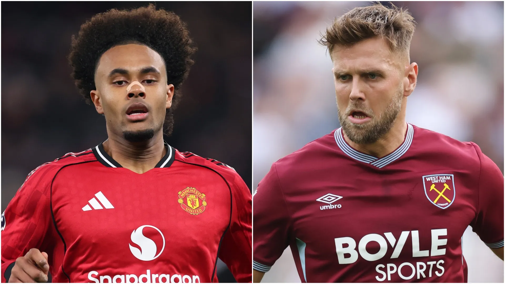 Manchester United's Joshua Zirkzee  and West Ham's Niclas Füllkrug