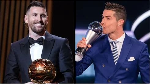 Lionel Messi holding the Ballon d'Or trophy and Cristiano Ronaldo kissing The Best FIFA award.