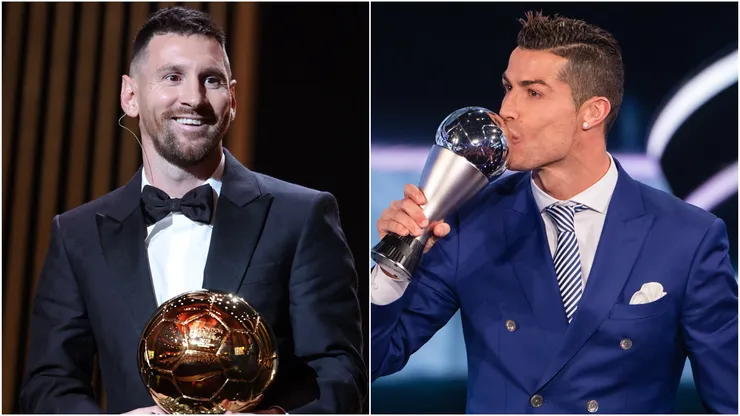 Lionel Messi holding the Ballon d'Or trophy and Cristiano Ronaldo kissing The Best FIFA award.