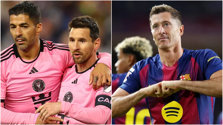 Luis Suarez and Lionel Messi (left), Robert Lewandowski (right)