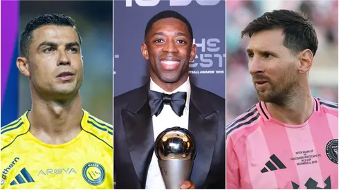 Cristiano Ronaldo (L) of Al-Nassr, Ousmane Dembele (M) of PSG, and Lionel Messi (R) of Inter Miami.