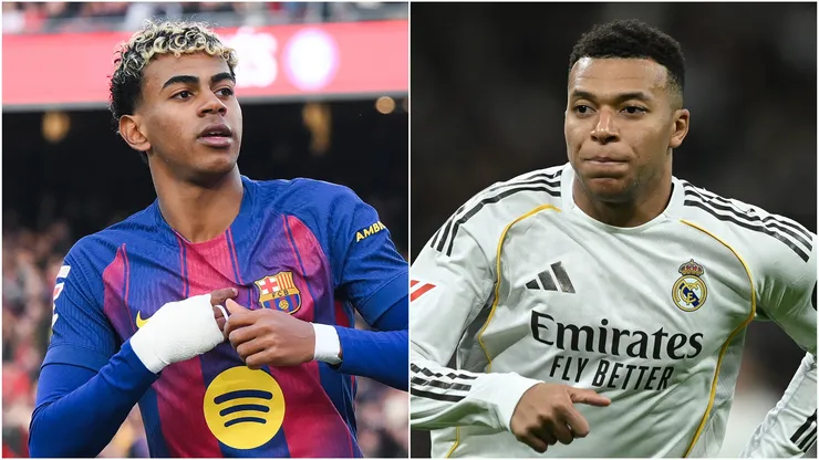 Lamine Yamal of FC Barcelona (L) and Kylian Mbappe (R) of Real Madrid.
