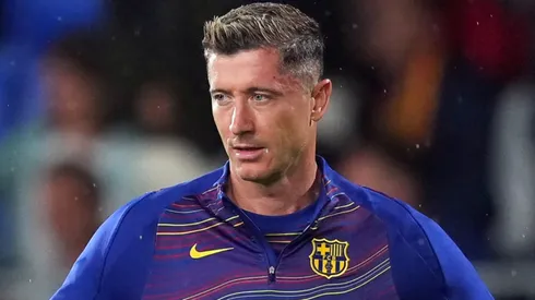 Robert Lewandowski of FC Barcelona looks on during pre-match warm up.