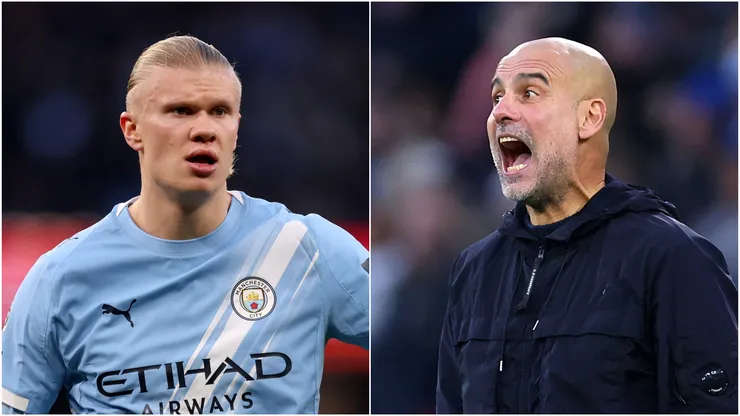 Erling Haaland (L) and Pep Guardiola (R), Manager of Manchester City.

