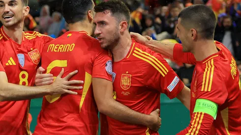 Aymeric Laporte of Spain celebrates scoring