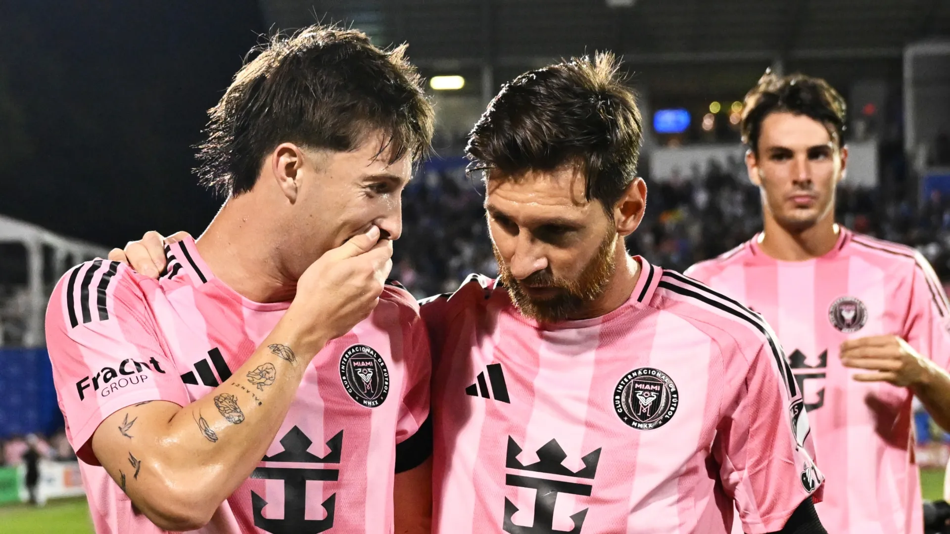 (L-R) Baltasar Rodriguez #11 talks to Lionel Messi #10 of Inter Miami CF.