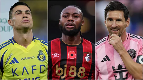 Lionel Messi (left), Antoine Semenyo (center), and Cristiano Ronaldo (right)