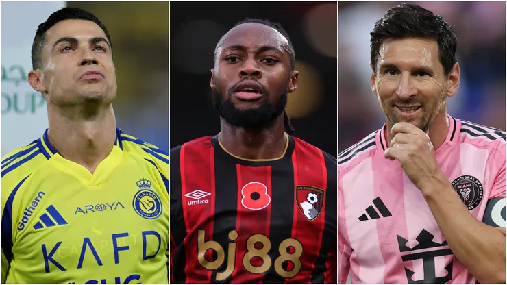 Lionel Messi (left), Antoine Semenyo (center), and Cristiano Ronaldo (right)