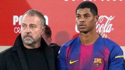 Hansi Flick, Head Coach of FC Barcelona, prepares Marcus Rashford as substitute during the LaLiga EA Sports match.