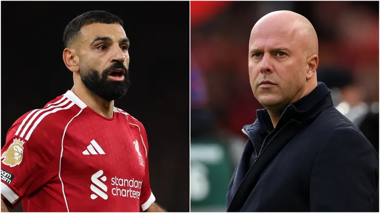 Mohamed Salah (L) and Arne Slot, head coach (R) of Liverpool.
