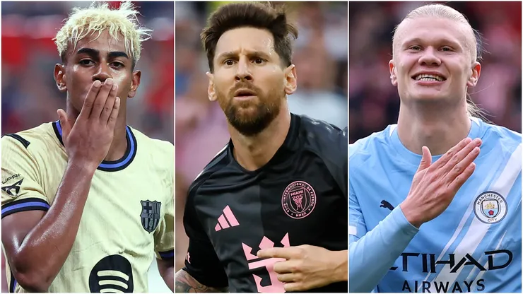 Lamine Yamal (left), Lionel Messi (center), and Erling Haaland (right)