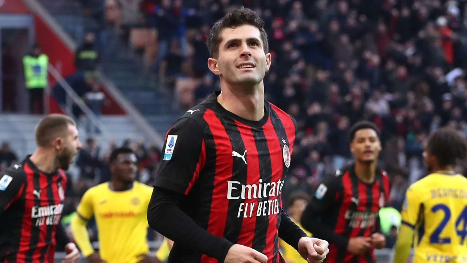 Christian Pulisic of AC Milan celebrates after scoring against Hellas Verona.