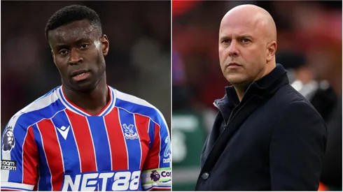 Marc Guehi of Crystal Palace and Arne Slot, Manager of Liverpool.