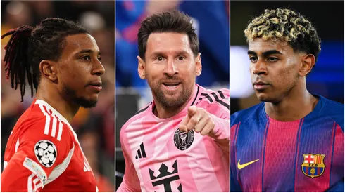 Michael Olise (L) of Bayern Munich, Lionel Messi (M) #10 of Inter Miami, and Lamine Yamal (R) of FC Barcelona.