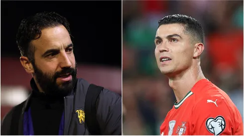Ruben Amorim (L), Manager of Manchester United, and Cristiano Ronaldo (R) of Portugal.