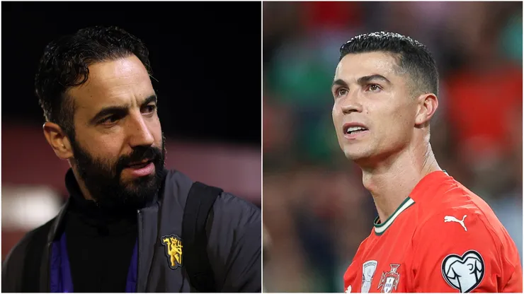 Ruben Amorim (L), Manager of Manchester United, and Cristiano Ronaldo (R) of Portugal.