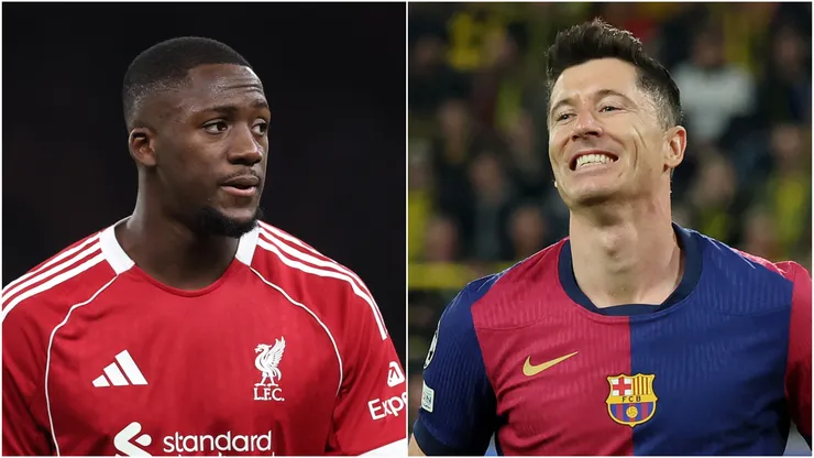 Ibrahima Konate (L) of Liverpool and Robert Lewandowski (R) of FC Barcelona.