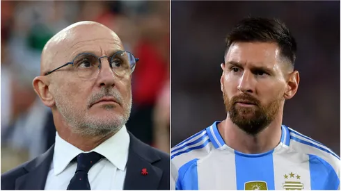 Luis de la Fuente (L), Manager of Spain, and Lionel Messi (R) of Argentina.