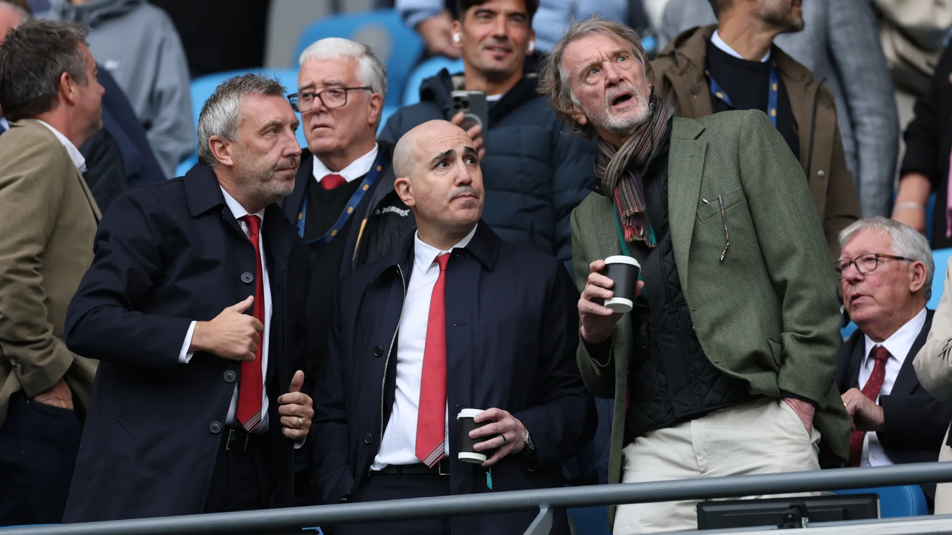 Jason Wilcox, Director of Football of Manchester United, Omar Berrada, CEO of Manchester United and Sir Jim Ratcliffe, CEO of INEOS group.