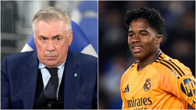 Head coach Carlo Ancelotti of Brazil and Endrick Felipe of Real Madrid.